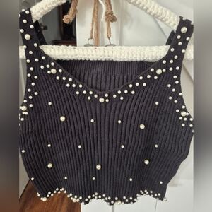 Black Ribbed Tank Top with Pearl Embellishments